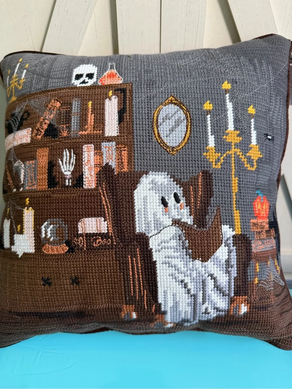 Halloween Ghost Reading Books Library Needlepoint Pillow Farmhouse NEW